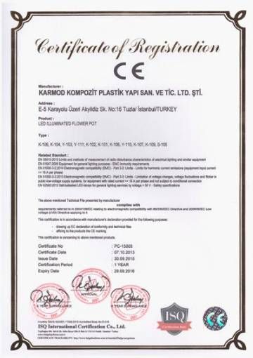 Certificat de conformité aux normes européennes pour les pots de fleurs éclairés CE
